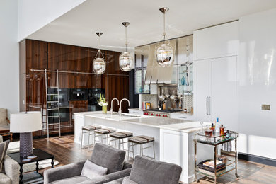 Inspiration for a contemporary l-shaped dark wood floor and brown floor open concept kitchen remodel in Chicago with an undermount sink, flat-panel cabinets, dark wood cabinets, white backsplash, mosaic tile backsplash, stainless steel appliances, an island and gray countertops