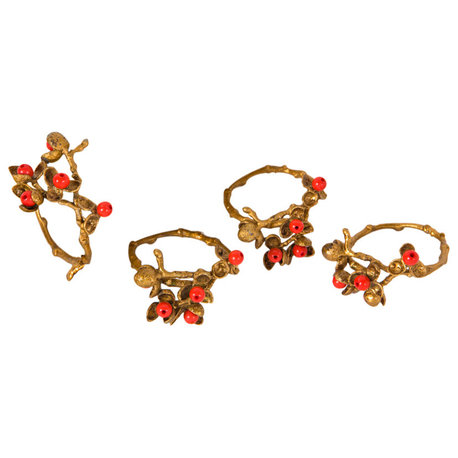 Holly Berry Holiday Painted Brass Metal with Resin Berry Napkin Rings, Set of 4