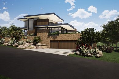 Mid-sized 1960s multicolored two-story stone exterior home photo in San Diego with a metal roof