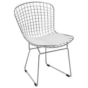 Mid Century Modern Chrome Wire Dining Side Chair, Chrome Frame, White Pad