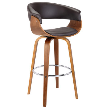 Artemis 30" Mid-Century Swivel Barstool, Brown Faux Leather With Wooden Legs