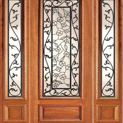 Floral Scrollwork Ironwork Glass,, Mahogany Prehung Door Two Sidelite - Front Doors