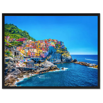 Cinque Terre Mediterranean Sea Landscape Photo Canvas Print with Frame, 28"x37"