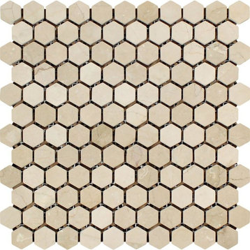 12"x12" Tumbled Crema Marfil Mediterranean Marble Hexagon Mosaic, Set of 50