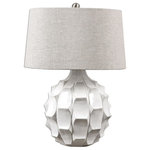 Uttermost - Guerina 26.5" Scalloped Ceramic Lamp in Distressed Gloss White - Scalloped Ceramic Base Finished In A Lightly Distressed Gloss White Accented With Plated Brushed Nickel Details. The Slightly Tapered Round Hardback Shade Is A Light Taupe Gray Linen Fabric With Natural Slubbing. Due To The Nature Of Fired Glazes On Ceramic Lamps,Finishes Will Vary Slightly.  This light requires 1 , 150W Watt Bulbs (Not Included) UL Certified.