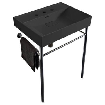 Matte Black Ceramic Console Sink and Polished Chrome Stand, Three Hole