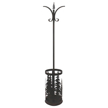 Burnt Sienna Iron Coat Rack and Umbrella Stand With Feather Tree Accent