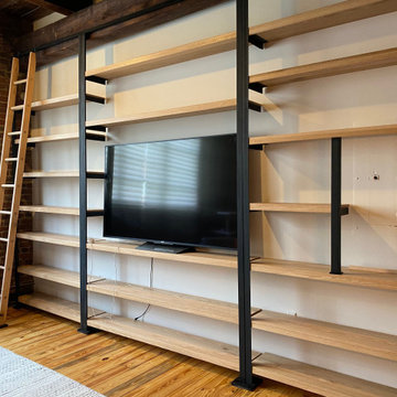 Red Oak & Steel Bookshelf & Library Ladder w/ Clear Finish