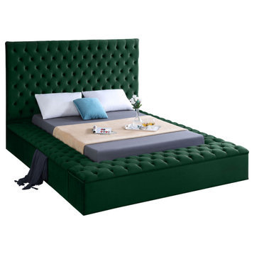 Bliss Velvet Upholstered  Bed, Green, Queen