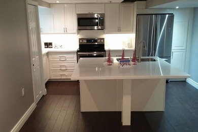 Mid-sized trendy l-shaped laminate floor eat-in kitchen photo in Toronto with an undermount sink, raised-panel cabinets, white cabinets, quartz countertops, white backsplash, ceramic backsplash, stainless steel appliances and an island