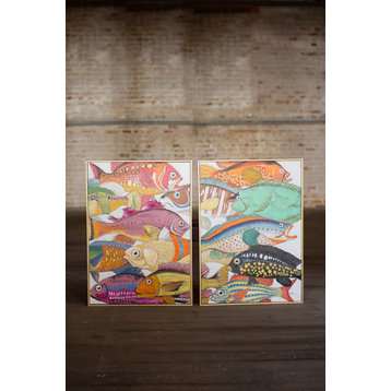 2-Piece Colorful Fish Hand Painted Gold Frame Oil Painting Set