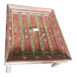 Mogul Interior - Consigned Red Floral Hand-Painted Square Coffee Table - Coffee Tables