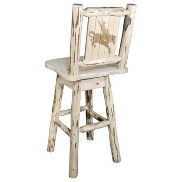 Montana Barstool & Swivel With Laser Engraved Bronc, Clear Lacquer Finish, Lacqu