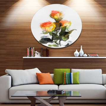 Hand-Drawn Yellow And Red Roses, Floral Round Wall Art, 11"