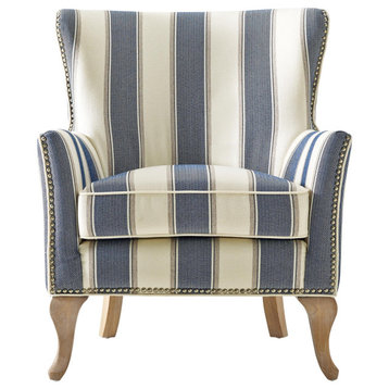 Classic Accent Chair, High Back and Flared Arms With Nailhead Trim, Blue Stripe