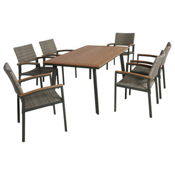 GDF Studio 7-Piece Simon Outdoor Dining Set With Wood Top, Natural /Gray
