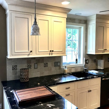 Transitional Dove Kitchen Remodel with Custom Sized Glass Tiles