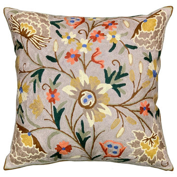 Suzani Pillow Cover Taupe Dahlia Decorative Floral Wool Hand embroidered 18x18