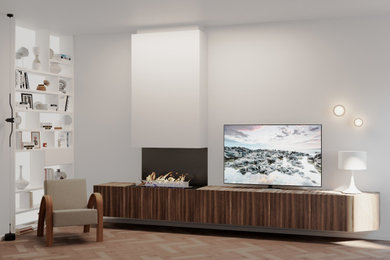 Immagine di un soggiorno contemporaneo aperto con sala formale, pareti bianche, parquet chiaro, camino sospeso, cornice del camino in metallo e TV autoportante