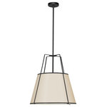 Dainolite - 18" Contemporary Modern Pendant Light, Black With Cream Tapered Drum Shade - 18" Black Trapezoid Pendant with Cream Shade. This 3 light LED compatible is recommended for the ceiling in a Foyer or Hall. It requires 3 incandescent bulbs, is covered by a 1 Year Warranty and is suitable for either a residental or commercial space.