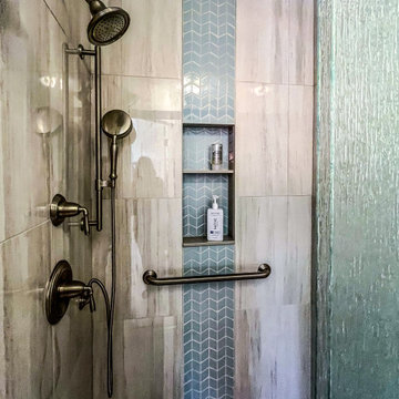 Primary Bathroom with Custom Corian and Tiled Shower, Tiled Tub Surround
