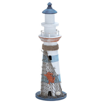 Wood Lighthouse Decor, Lighthouse Figurine With Jute Rope Accent, 6" x 16", Blue