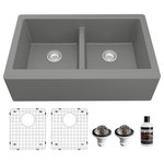 Karran USA - Karran Farmhouse Apron Front Quartz 34" Double Bowl Sink Kit, Grey - This elegant farmhouse design with its deep 9-1/4" apron blends function and form beautifully, and will look stunning in your new kitchen. It is manufactured from an extremely durable quartz composite material that will provide decades of trouble-free use. This farmhouse design is available in a choice of 6 elegant color choices to compliment any decor.