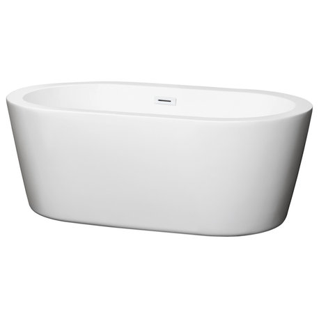 Mermaid 60" Freestanding White Bathtub, Shiny White Drain and Overflow Trim