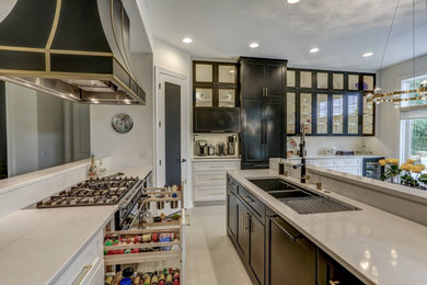 Mid-sized transitional ceramic tile and white floor eat-in kitchen photo in Minneapolis with a double-bowl sink, glass-front cabinets, black cabinets, quartz countertops, white backsplash, quartz backsplash, paneled appliances, an island and white countertops