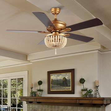 Erin 52" 3-Light Iron/Wood Bead Mobile-App/Remote-Controlled LED Ceiling Fan, Antique Gold Painting/Light Brown