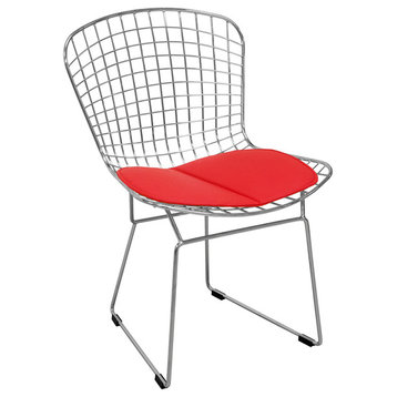 Mid Century Modern Chrome Wire Dining Side Chair, Chrome Frame, Red Pad