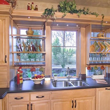 shelves in front of windows