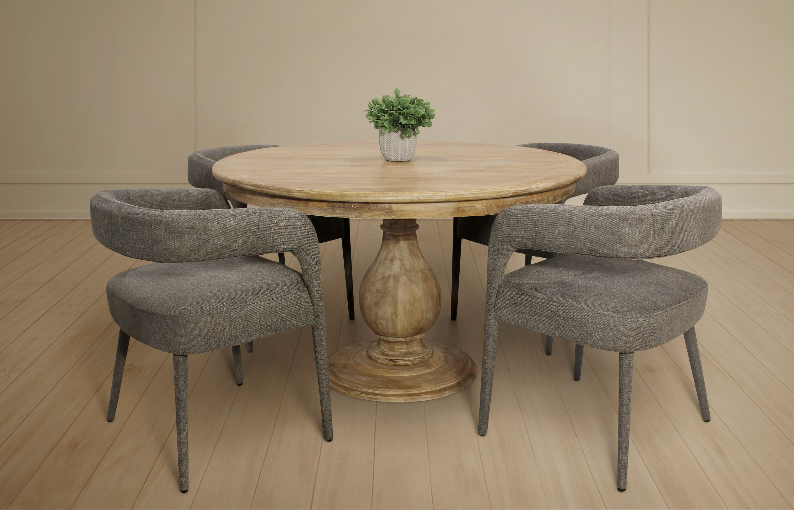 Jenna 48" Round Dining Set with 4 Galway Chairs in Modern Gray Linen ...
