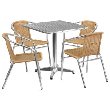 27.5" Square Aluminum Indoor-Outdoor Table With 4 Beige Rattan Chairs
