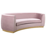 Meridian Furniture - Julian Velvet Upholstered Sofa, Pink, Gold Base - Put the power of pink to work in your space with this Julian Pink Velvet Sofa. This pretty sofa comes upholstered in rich, sumptuous-to-the-touch velvet in a soft blush pink color to make a fashionable statement in your space. The unexpected color creates a cheery feel and stands out amid other neutral colors in your existing decor. The curved back design lends it a modish touch, and the gold stainless steel trim around its base adds to its glitzy appeal.