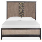Magnussen - Magnussen Ryker Panel Bed with Fretwork Headboard in Grey, California King - The distinct contemporary profiles of the Ryker Bedroom collection come alive with architectural elements and mixed materials. In an eclectic blend, wood, metal and glass accents adorn the pieces, including clear glass, Midnight Glass and Midnight Mirror. Crafted of Random Width Cathedral White Oak Veneer and Hardwood Solids, a Coventry Gray main finish is accented by Nocturn Black borders and bases and Aged Brass Metal on the signature geometric fretwork. The fretwork accents case fronts, mirror borders and runs vertically in the center of the Panel Bed headboard. Aged Brass hardware and metal caps on the legs of the panel beds are a sophisticated touch. Three stunning bed selections include a panel bed with the head board and footboard framed in the Nocturn Black and Aged Brass fretwork, a panel bed with the decorative fretwork running vertically in the center of the headboard, and a bed with headboard and footboard upholstered in the Stellar Quicksand fabric. Both the panel beds and the upholstered bed have a storage footboard option. Bring distinctive architectural style to your home with the Ryker Collection.