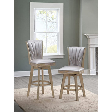 Set of 2 Bar Stool, Golden Frame & Faux Leather Seat With Tufted Back, 30 Inch