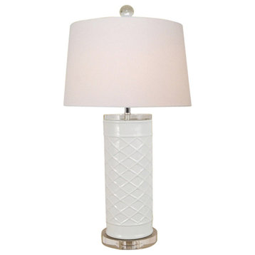 Beautiful White Porcelain Patterned Geometric Vase Table Lamp Clear Base 27"