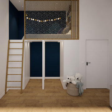 Chambre d'enfant bleue avec lit en mezzanine et dressing intégré