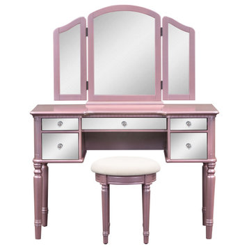 Gewnee 43" Dressing Table Set With Mirrored Drawers And Stool