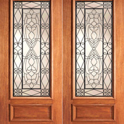 Scrollwork Iron Beveled Glass, Mahogany Prehung Double Door - Front Doors