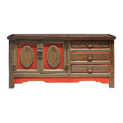 Chinese Distressed Olive Green Red Graphic Low TV Console Table Cabinet - Nightstands And Bedside Tables