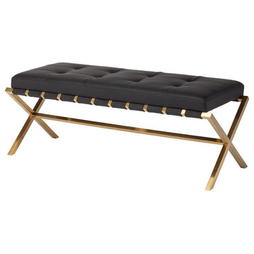 Auguste Bench in Brushed Gold Stainless Steel Frame, Black, Large