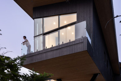 Huge trendy black one-story wood and clapboard house exterior photo in Other with a shed roof, a metal roof and a black roof