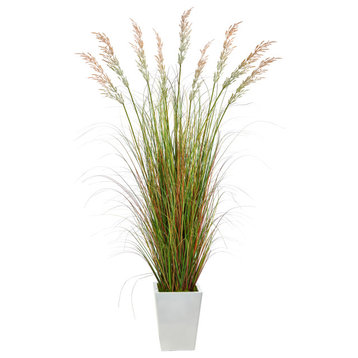 74" Grass Artificial Plant, White Metal Planter