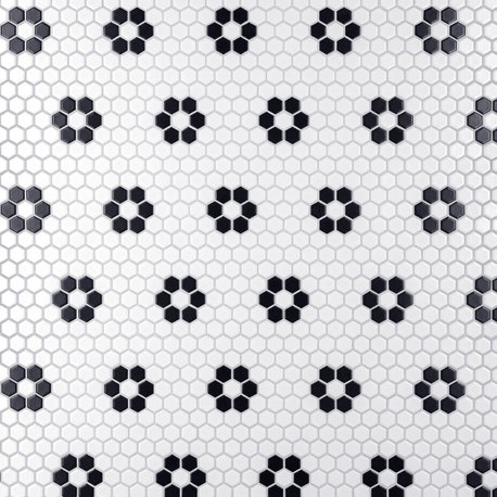 Metro 1" Hex Matte White w/Flower Porcelain Floor and Wall Tile