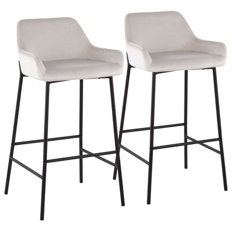 Daniella Fixed-Height Bar Stool, Set of 2, Black Metal, White Velvet