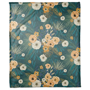 Teal Tropical Floral 50x60 Coral Fleece Blanket