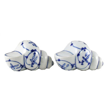 Conch Shell Seashell Salt and Pepper Shakers Set Blue and White