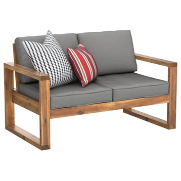 Modern Patio Loveseat, Acacia Wooden Construction With Padded Seat, Brown/Grey